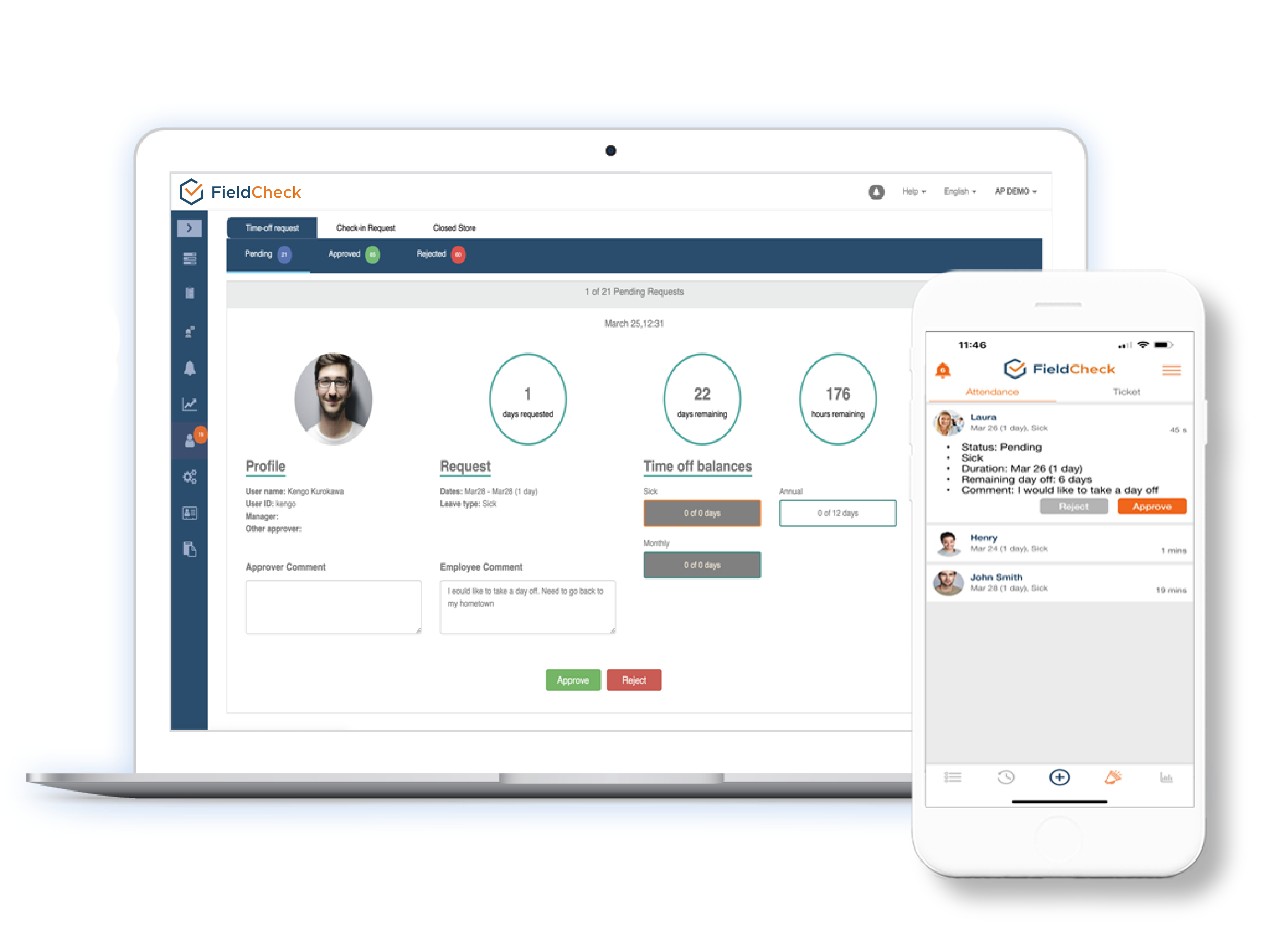 モバイルアプリからの休暇申請を簡単にして、手動の承認プロセスとスプレッドシートによる管理作業を簡易化します。モバイルアプリで休暇申請と承認の両方の対応が可能。