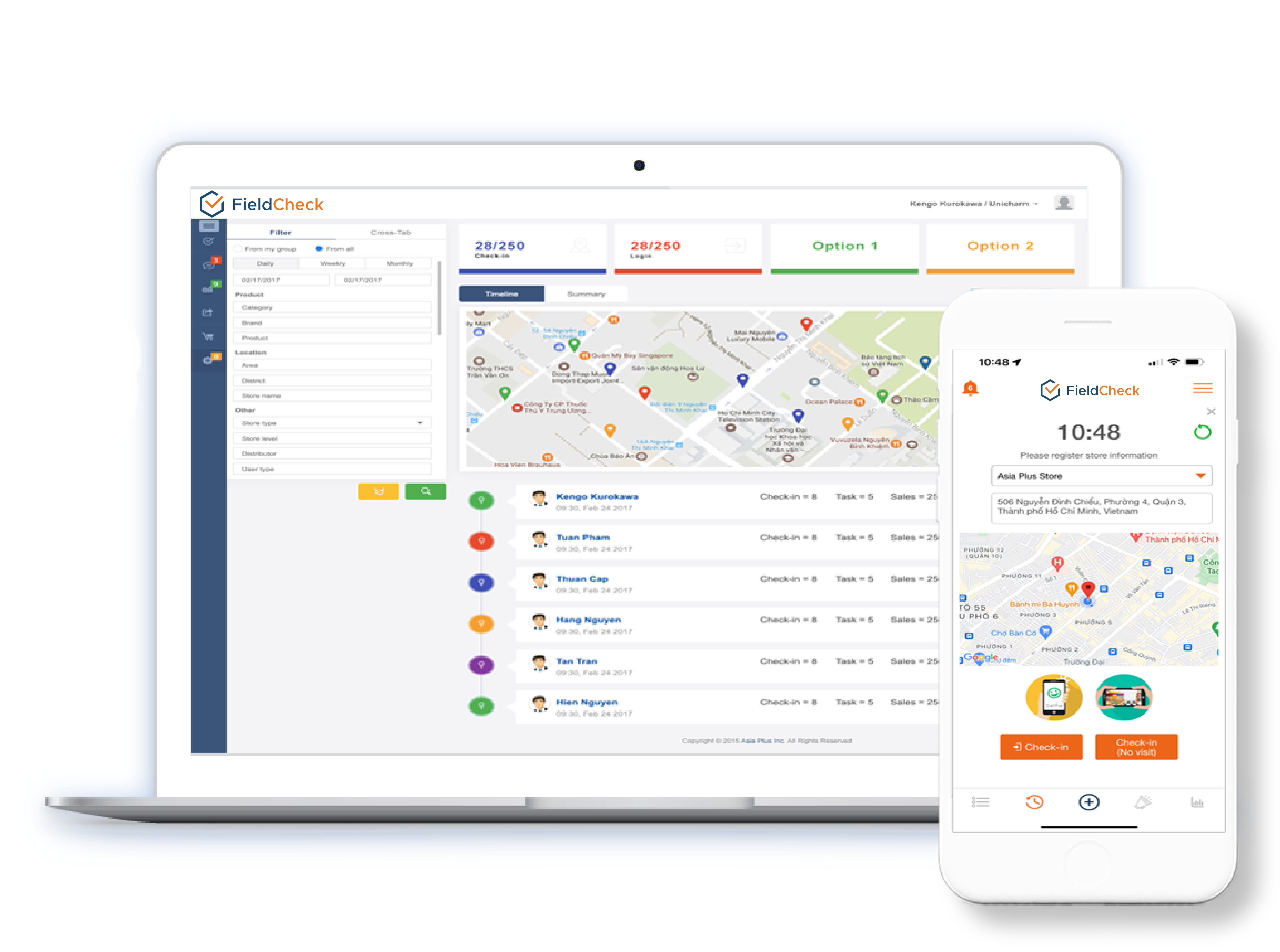スタッフの訪問記録をデータで管理。営業/現場スタッフのチェックイン・チェックアウト機能をサポート。詐欺的行為を防御するさまざまな偽の対策を実装。